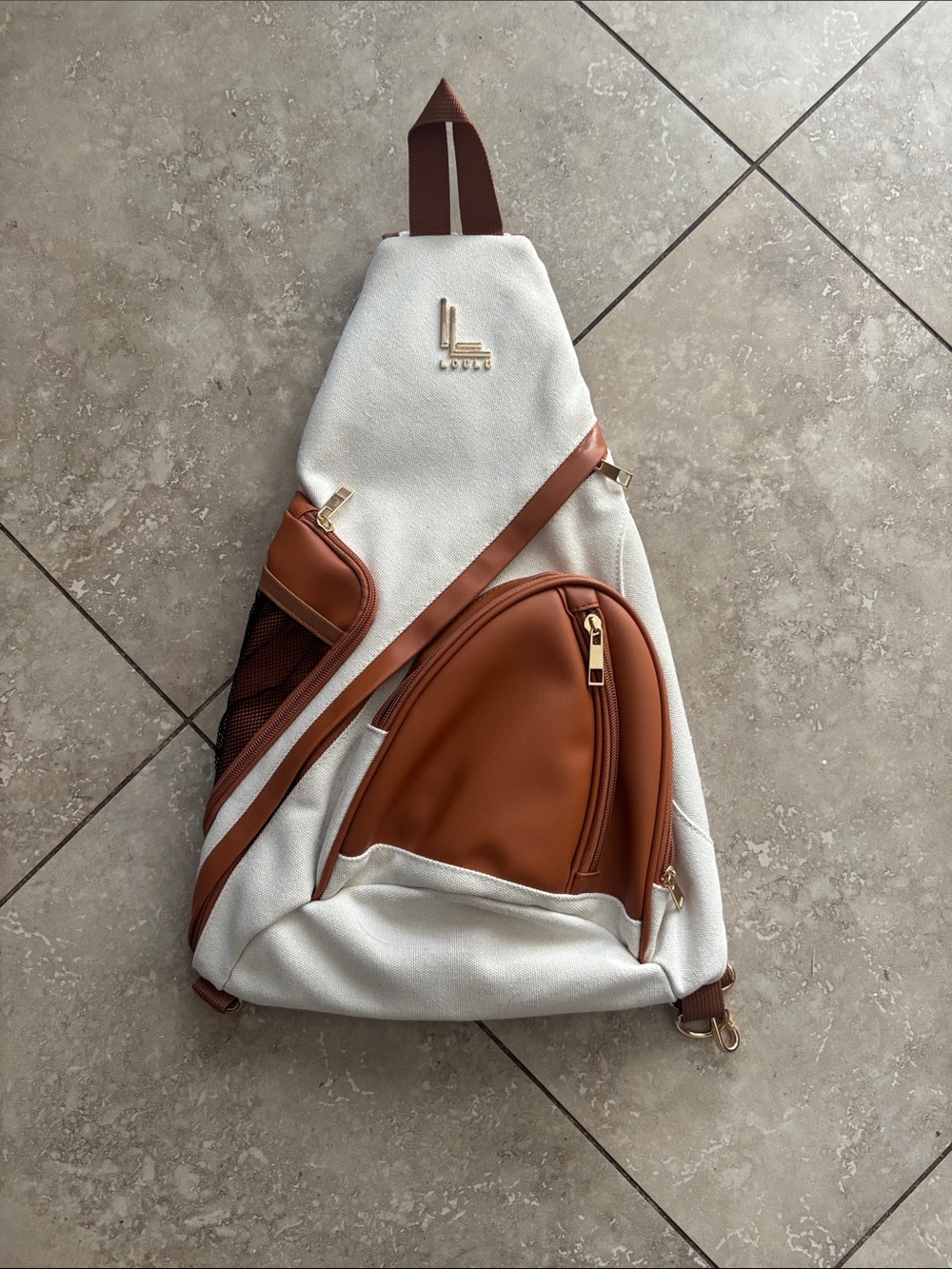 LouLu White and Tan Canvas Sling Crossbody Bag